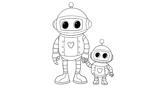 Robot Dad And Child Coloring Page