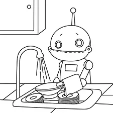 Robot Washing Dishes Coloring Page