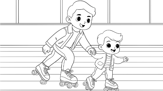 Dad And Child Rollerskating Coloring Page