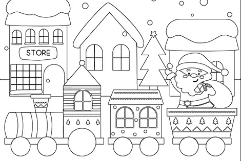 Santa On A Christmas Train Coloring Page Black & White