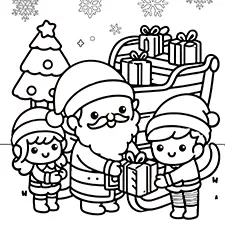 Santa With Elves Coloring Sheet Black & White