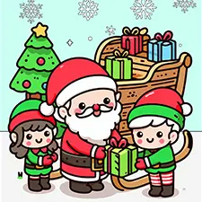 Santa With Elves Coloring Sheet