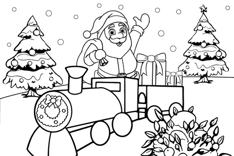Santa On A Train Coloring Page Black & White