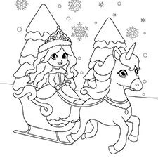 Snow Princess Riding A Sleigh Colouring Page Black & White