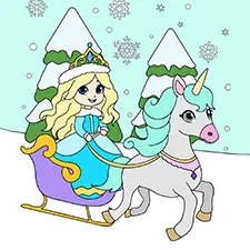 Snow Princess Riding A Sleigh Colouring Page