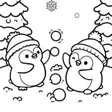 Snowball Penguins Coloring Page Black & White