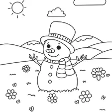 Snowman In A Field Of Flowers Coloring Page