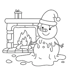 Snowman Melting By The Fireplace Coloring Page