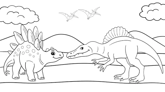 Spinosaurus vs Stegosaurus Coloring Page Black & White