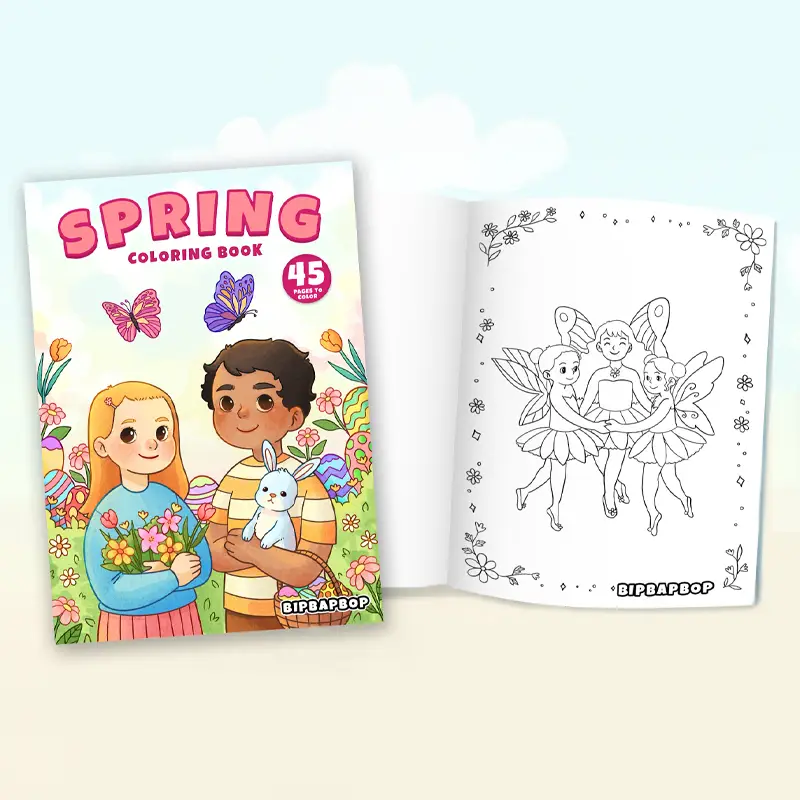 spring coloring book front cover with a girl and a boy holding flowers, an easter bunny, and easter eggs and flowers behind