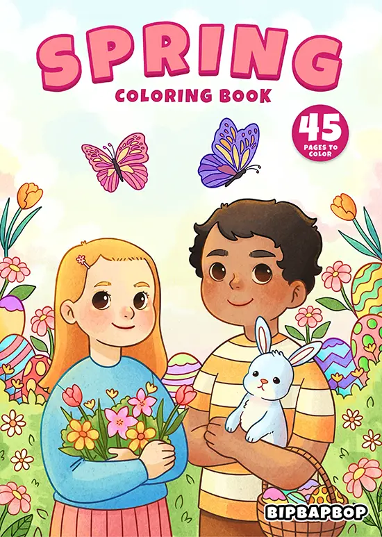 A girl and a boy with flowers, easter eggs, bunnies and butterflies with the title spring coloring book