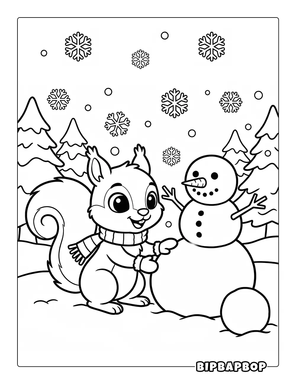 Squirrel Making A Snowman Coloring Page
