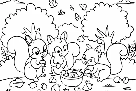 Squirrels In An Autumn Forest Coloring Page Black & White