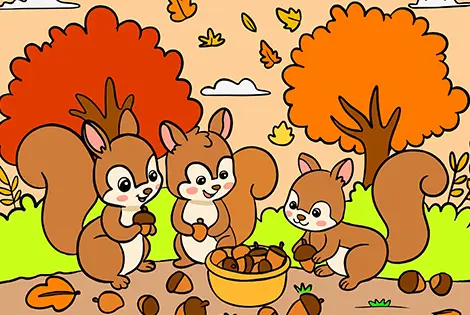 Squirrels In An Autumn Forest Coloring Page