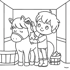 Stable Boy Grooming A Horse Coloring Page