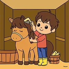 Stable Boy Grooming A Horse Coloring Page