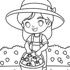 Girl Collecting Strawberries Coloring Page Black & White