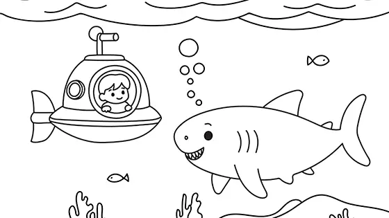 Submarine Boy With A Shark Coloring Page