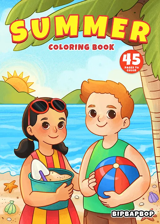 A girl and boy on the beach with a beach ball, bucket, spade, and sunglasses with the title summer coloring book