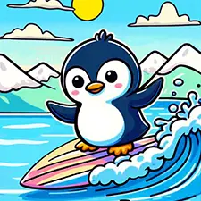 Surfing Penguin Coloring Page