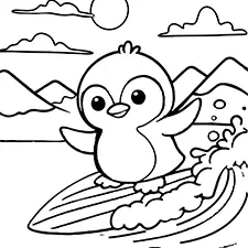 Surfing Penguin Coloring Page Black & White