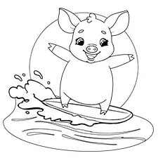 Surfing Pig Coloring Page B&W