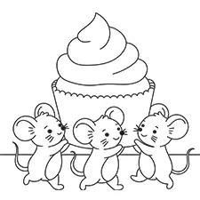 Three Mice Carrying A Cupcake Coloring Page