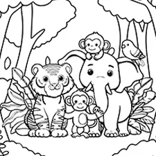 Tiger & Animals  Coloring Page Black & White