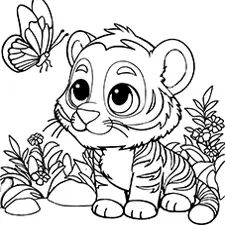 Tiger & Butterfly Coloring Page Black & White