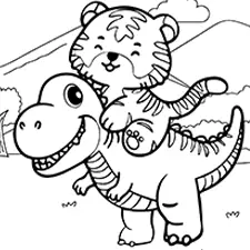 Tiger Riding A Dinosaur Coloring Page Black & White