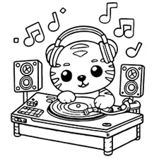 Tiger DJ Coloring Page Black & White