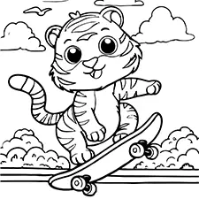 Tiger On A Skateboard Coloring Page Black & White