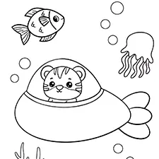 Tiger In A Submarine Coloring Page Black & White