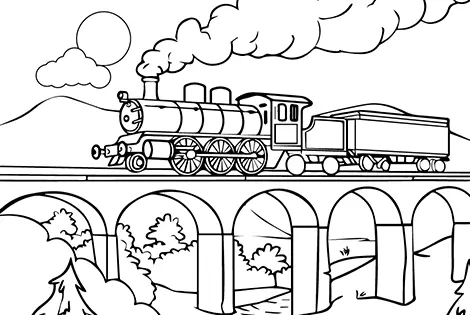 Train On The Bridge Coloring Page Black & White
