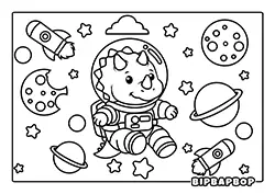 triceratops astronaut floating in space with rockets and planets all around