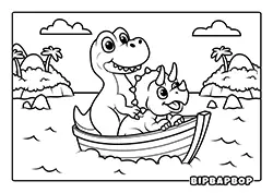 a triceratops and t-rex sailing in a boat past tropical islands