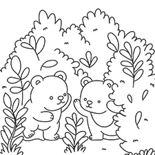 Two Bears Playing In The Bushes Coloring Page