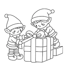 Two Elves Packing A Big Present Coloring Page