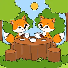 Two Foxes Having Tea On A Chopped Tree Coloring Page