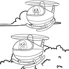 Two Girls Flying Helicopter Coloring Page Black & White
