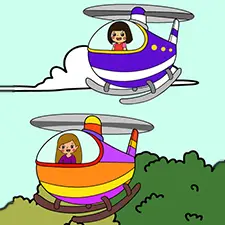 Two Girls Flying Helicopter Coloring Page