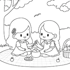 Two Little Girls Having A PicnicColoring Page