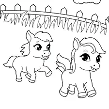 Two Ponies Playing Together Coloring Page Black & White