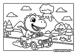 tyrannosaurus driving a car past an erupting volcano