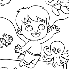 Boy Under The Sea Coloring Page Black & White