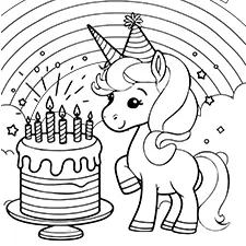 Unicorn With A Birthday Cake Coloring Page Black & White