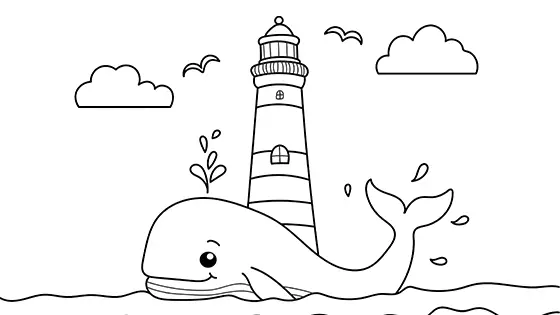 Whale With A Lighthouse Coloring Page