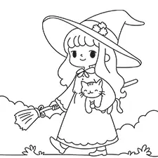 Witch Carrying Her Cat And Broomstick Coloring Page