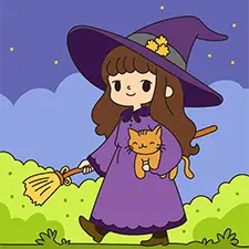 Witch Carrying Her Cat And Broomstick Coloring Page