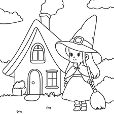 Witch By The Cottage Coloring Page